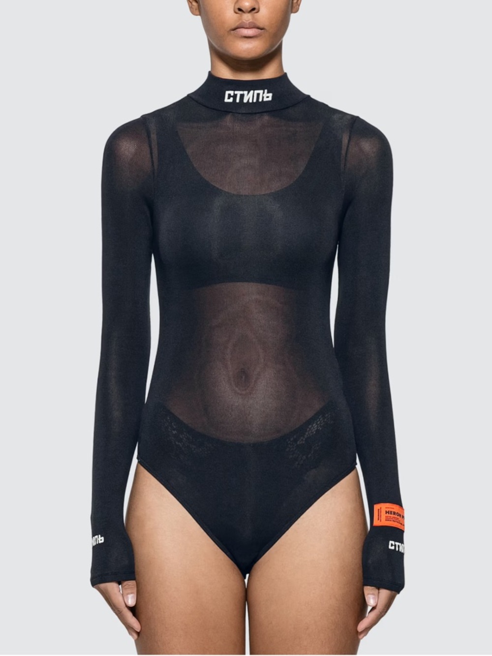 Heron Preston Black Sheer Long-Sleeve Bodysuit with Logo Neck - Picture 5 of 5